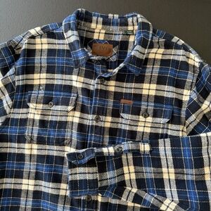 Orvis Mens XL Shirt Shacket Button Down Top Blue White Flannel Plaid Thick